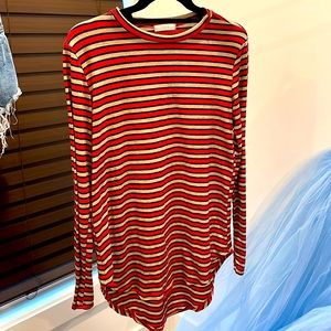 Navy, red, and tan stripped top with padded brown elbows